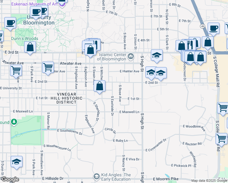 map of restaurants, bars, coffee shops, grocery stores, and more near 613 South Eastside Drive in Bloomington