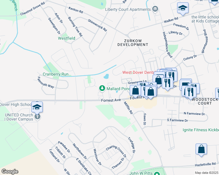 map of restaurants, bars, coffee shops, grocery stores, and more near 97 Par Haven Drive in Dover
