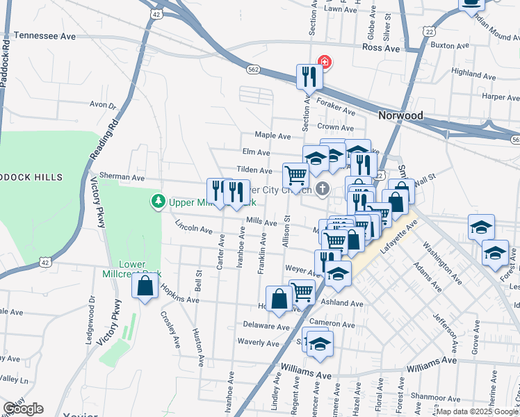map of restaurants, bars, coffee shops, grocery stores, and more near 1836 Cleveland Avenue in Cincinnati