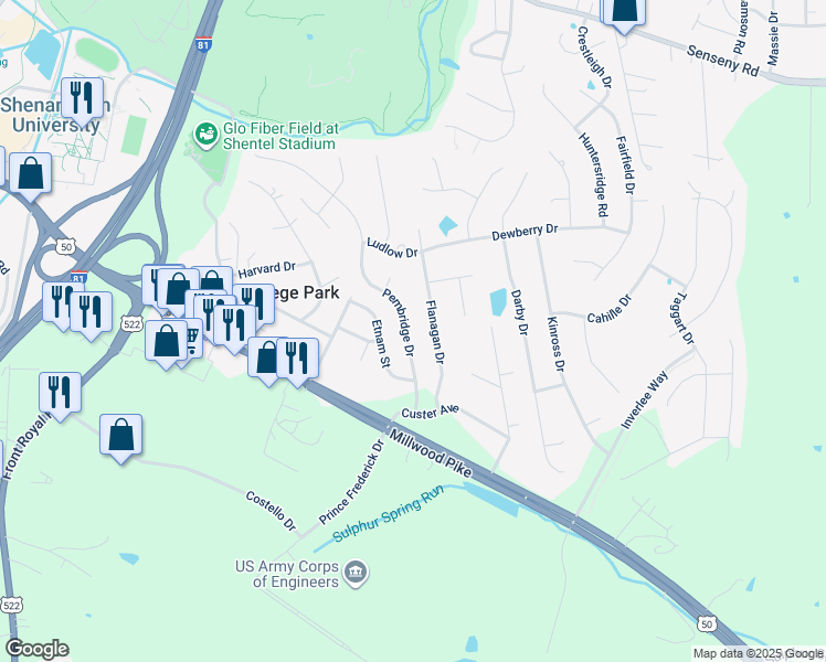 map of restaurants, bars, coffee shops, grocery stores, and more near 120 Pembridge Drive in Winchester