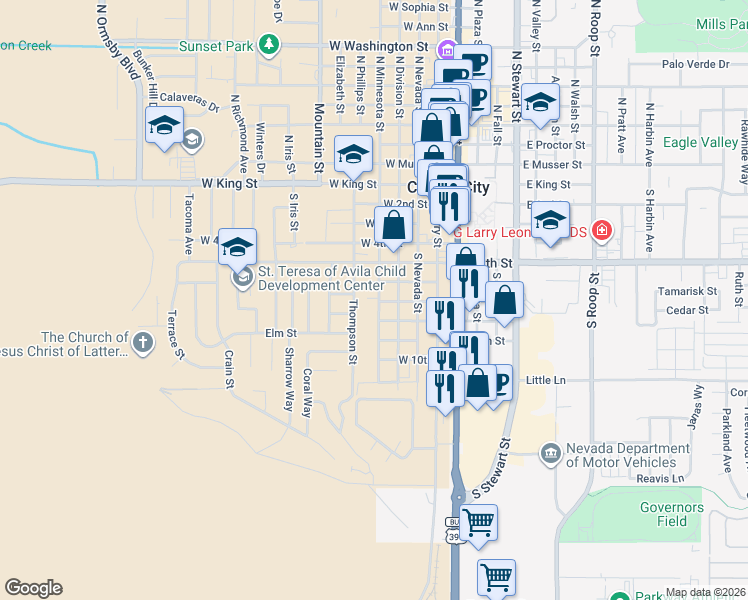 map of restaurants, bars, coffee shops, grocery stores, and more near in Carson City