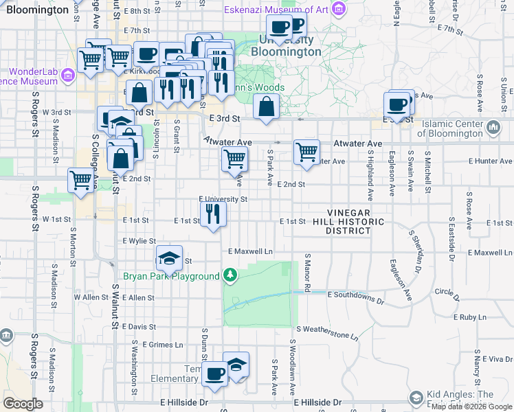 map of restaurants, bars, coffee shops, grocery stores, and more near 731 East University Street in Bloomington