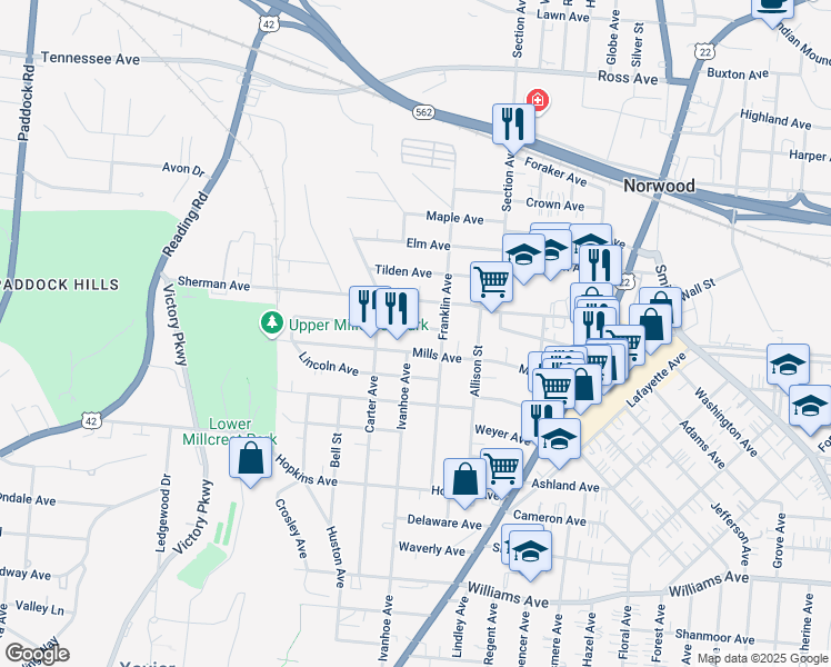 map of restaurants, bars, coffee shops, grocery stores, and more near 1836 Cleveland Avenue in Cincinnati