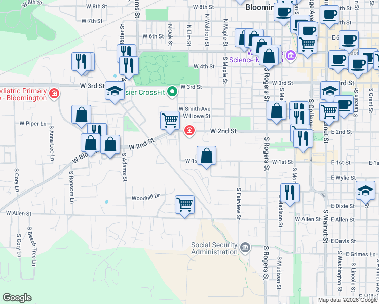 map of restaurants, bars, coffee shops, grocery stores, and more near 639 South Walker Street in Bloomington