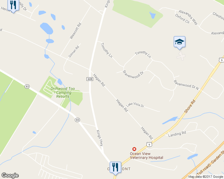 map of restaurants, bars, coffee shops, grocery stores, and more near 210 Hagan Road in Cape May County