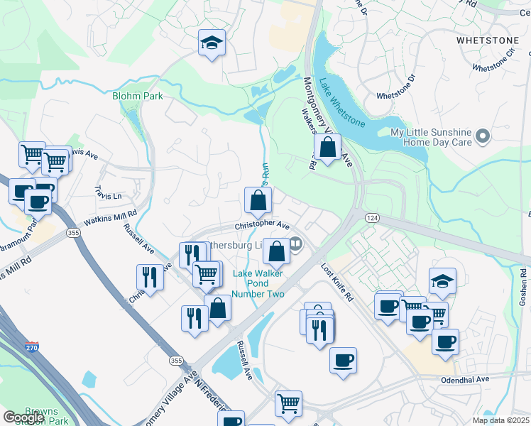 map of restaurants, bars, coffee shops, grocery stores, and more near 18502 Boysenberry Drive in Montgomery Village
