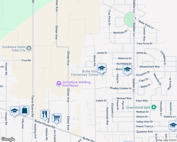 map of restaurants, bars, coffee shops, grocery stores, and more near 1904 Heidi Way in Yuba City