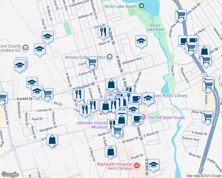 map of restaurants, bars, coffee shops, grocery stores, and more near 17 U.S. 13 Alternate in Dover