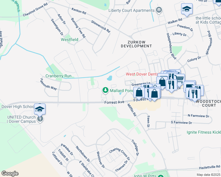 map of restaurants, bars, coffee shops, grocery stores, and more near 109 Kevin Court in Dover