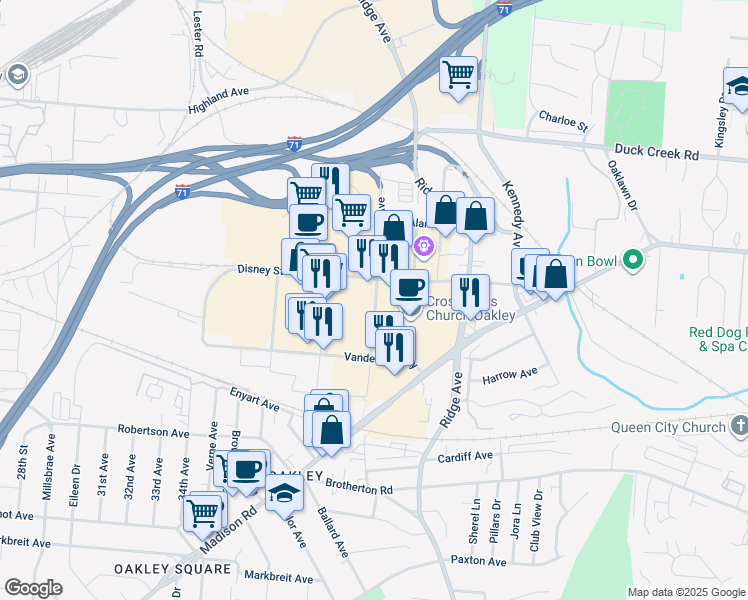 map of restaurants, bars, coffee shops, grocery stores, and more near 4690 Marburg Avenue in Cincinnati