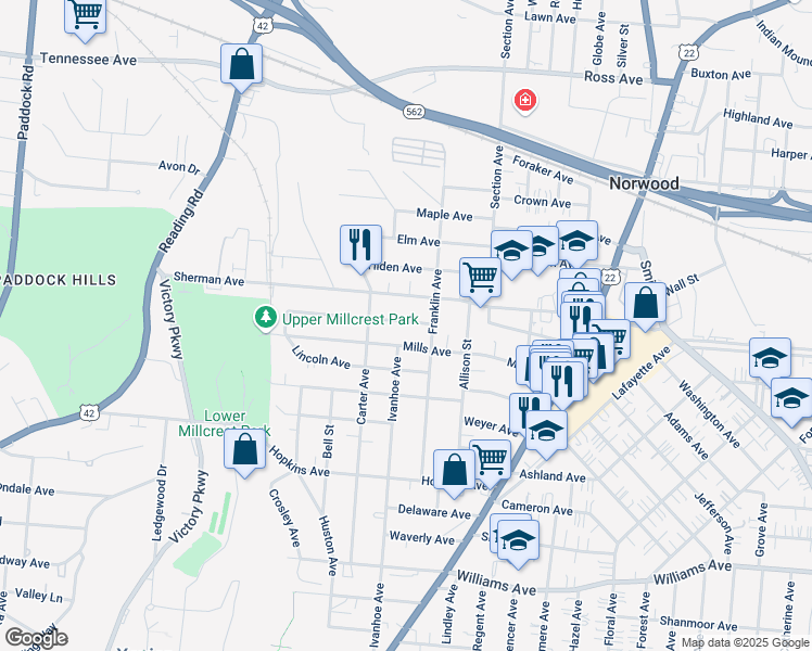 map of restaurants, bars, coffee shops, grocery stores, and more near 1836 Cleveland Avenue in Cincinnati