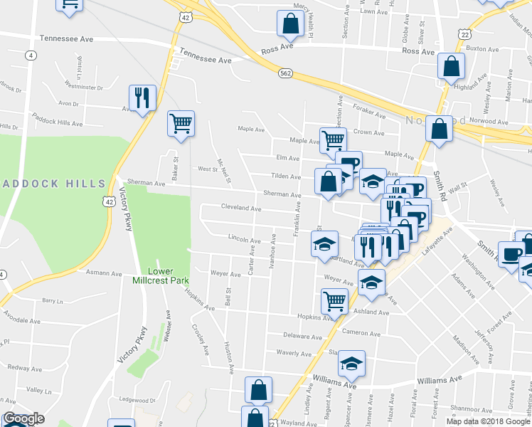 map of restaurants, bars, coffee shops, grocery stores, and more near 4522 Carter Avenue in Cincinnati