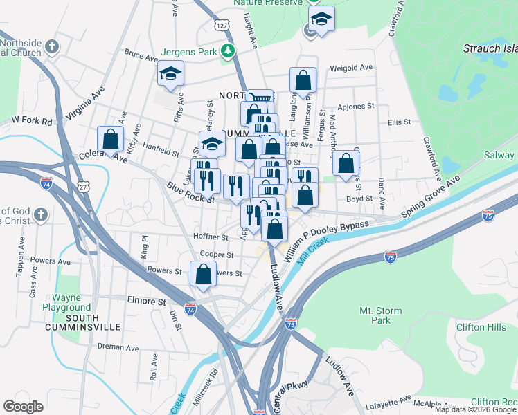 map of restaurants, bars, coffee shops, grocery stores, and more near 4101 Hamilton Avenue in Cincinnati