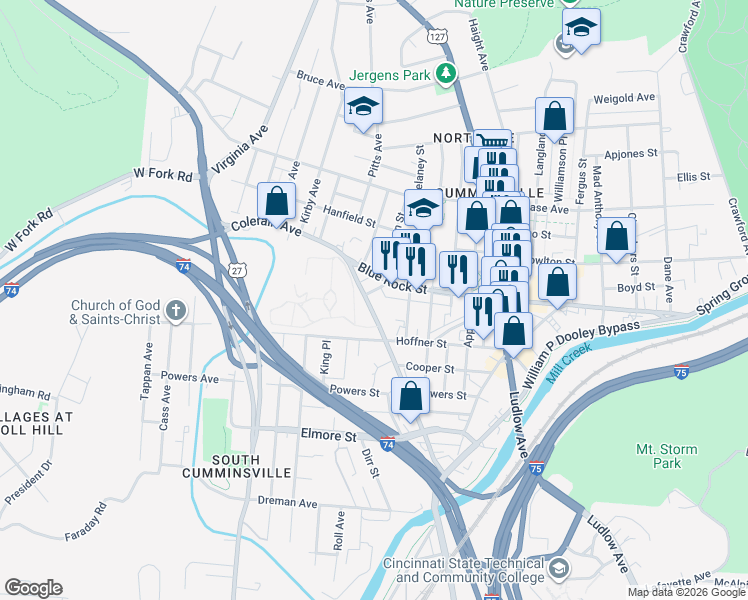 map of restaurants, bars, coffee shops, grocery stores, and more near 1705 Blue Rock Street in Cincinnati