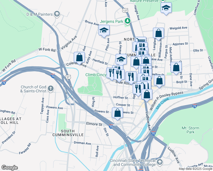 map of restaurants, bars, coffee shops, grocery stores, and more near 1705 Blue Rock Street in Cincinnati