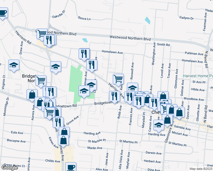map of restaurants, bars, coffee shops, grocery stores, and more near 4198 Harrison Avenue in Cincinnati