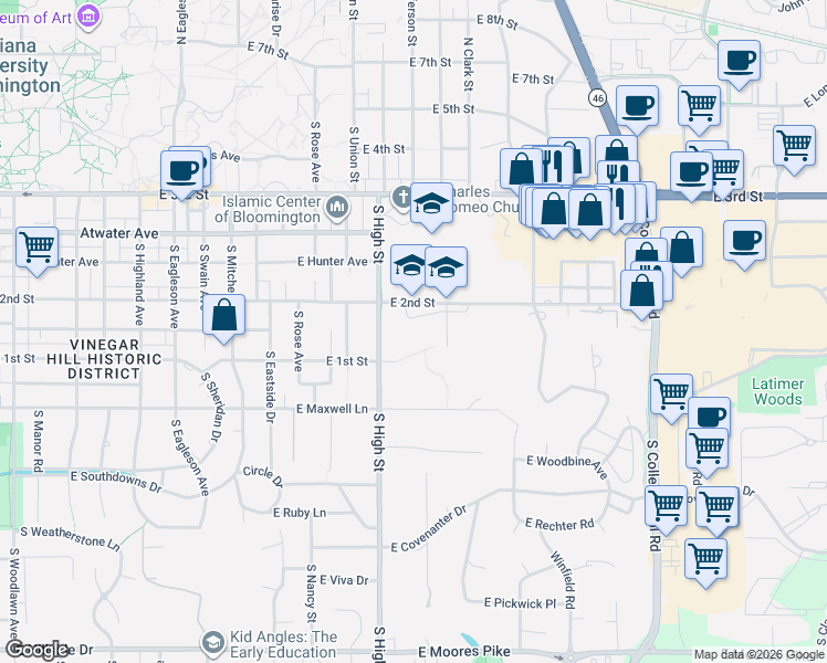 map of restaurants, bars, coffee shops, grocery stores, and more near 2200 East 2nd Street in Bloomington