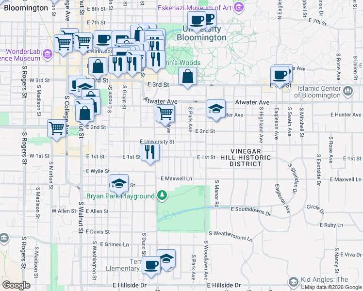 map of restaurants, bars, coffee shops, grocery stores, and more near 731 East University Street in Bloomington