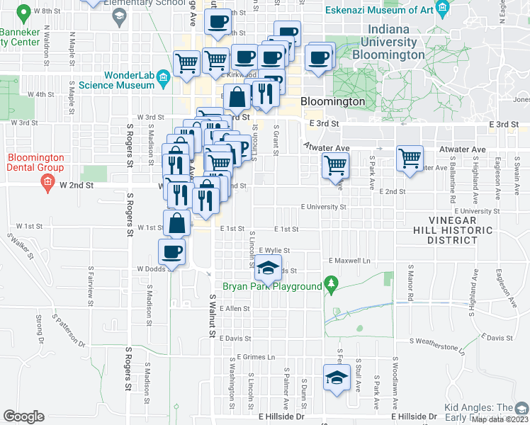 map of restaurants, bars, coffee shops, grocery stores, and more near 317 East University Street in Bloomington