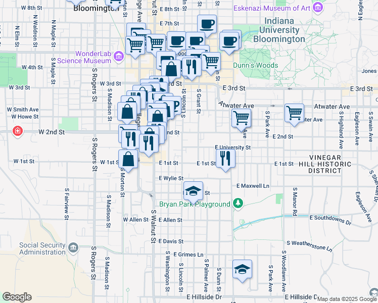 map of restaurants, bars, coffee shops, grocery stores, and more near 317 East University Street in Bloomington