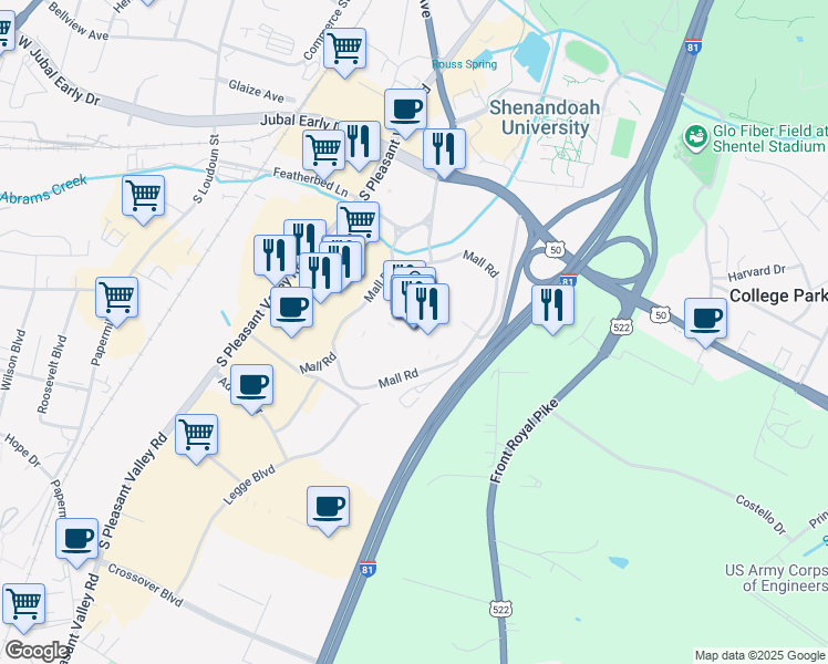 map of restaurants, bars, coffee shops, grocery stores, and more near 1850 Apple Blossom Drive in Winchester
