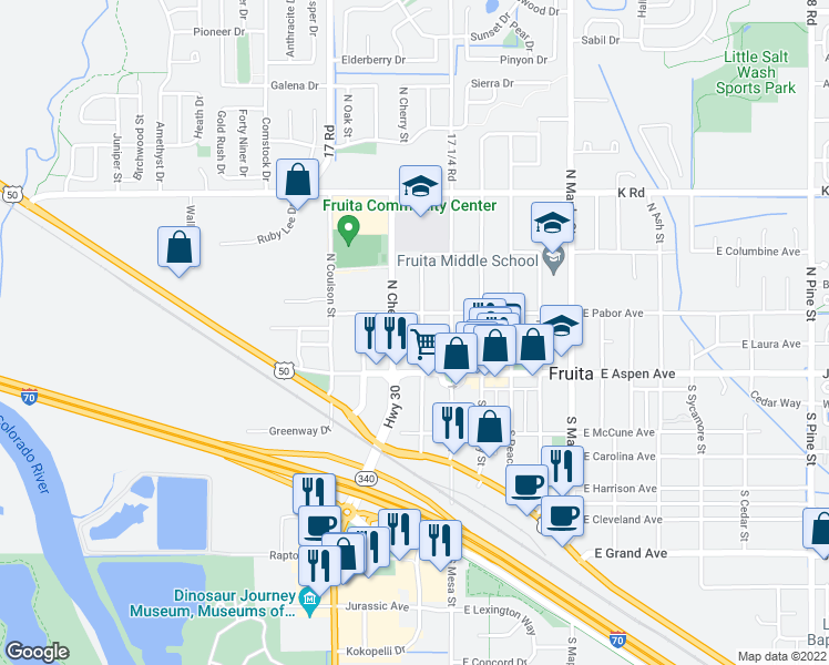 map of restaurants, bars, coffee shops, grocery stores, and more near 157 North Plum Street in Fruita