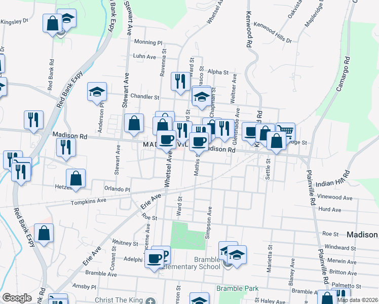 map of restaurants, bars, coffee shops, grocery stores, and more near 6006 Madison Road in Cincinnati