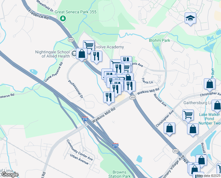 map of restaurants, bars, coffee shops, grocery stores, and more near 239 Spectrum Avenue in Gaithersburg