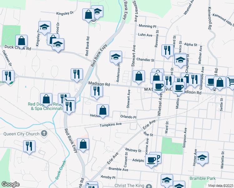 map of restaurants, bars, coffee shops, grocery stores, and more near 5439 Madison Road in Cincinnati
