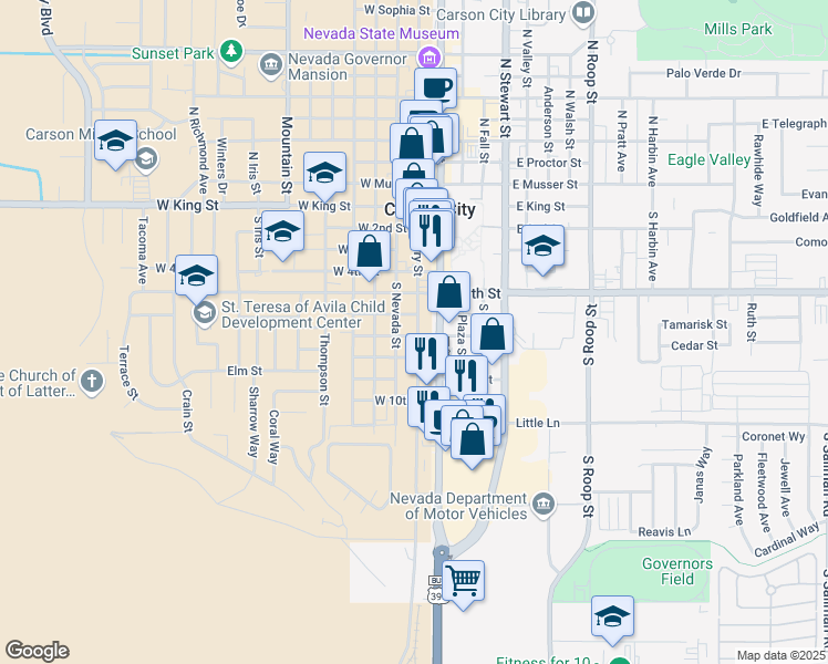 map of restaurants, bars, coffee shops, grocery stores, and more near 600 South Carson Street in Carson City