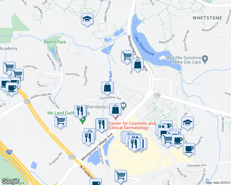 map of restaurants, bars, coffee shops, grocery stores, and more near 18508 Boysenberry Drive in Gaithersburg