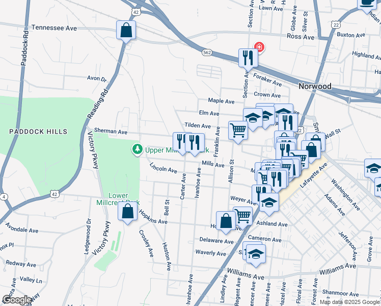 map of restaurants, bars, coffee shops, grocery stores, and more near 1809 Cleveland Avenue in Norwood