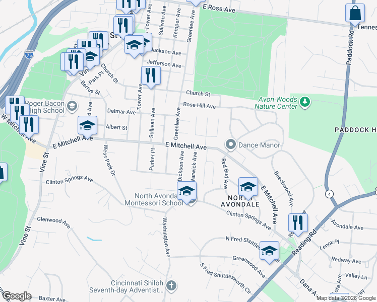 map of restaurants, bars, coffee shops, grocery stores, and more near 558 East Mitchell Avenue in Cincinnati