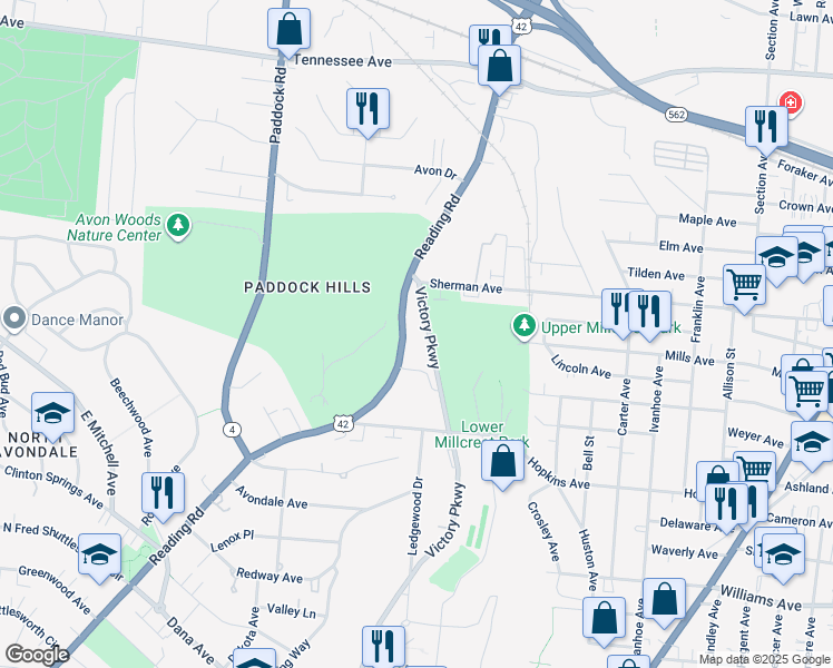 map of restaurants, bars, coffee shops, grocery stores, and more near 4201 Victory Parkway in Cincinnati