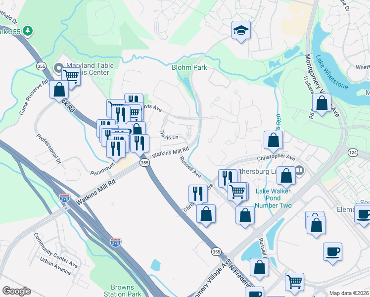 map of restaurants, bars, coffee shops, grocery stores, and more near 180 Watkins Mill Road in Gaithersburg