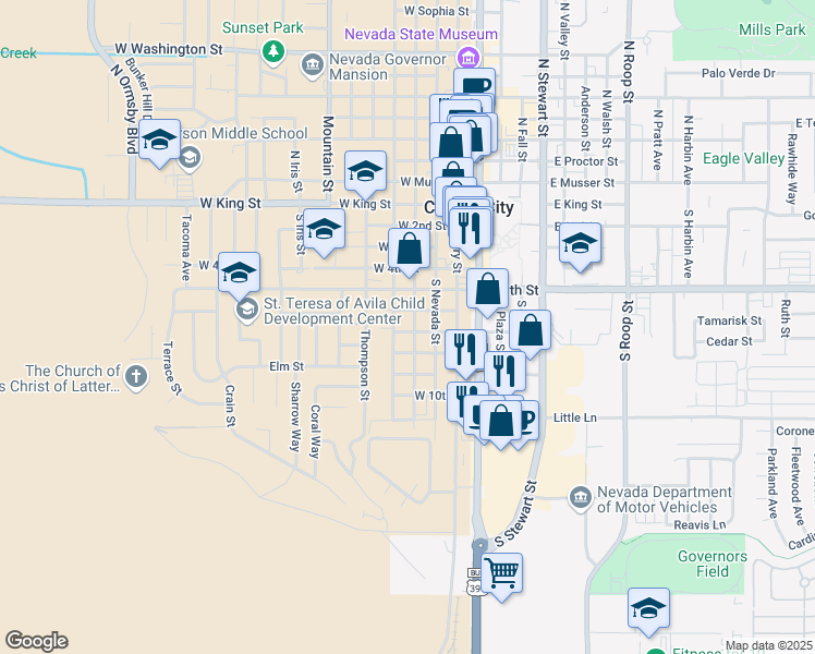 map of restaurants, bars, coffee shops, grocery stores, and more near 612 South Division Street in Carson City