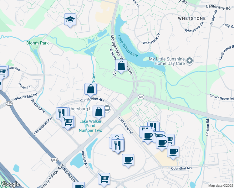 map of restaurants, bars, coffee shops, grocery stores, and more near 18458 Bishopstone Court in Gaithersburg