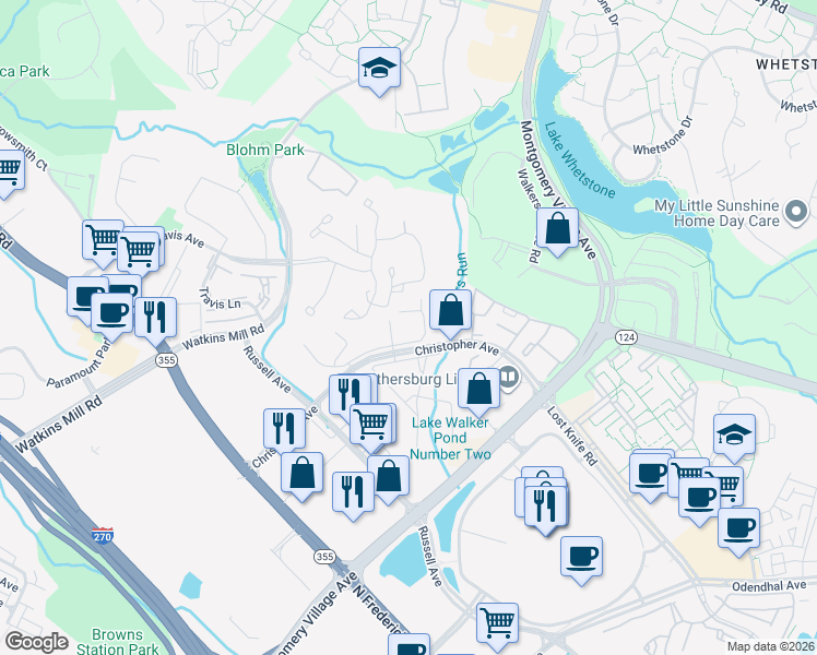 map of restaurants, bars, coffee shops, grocery stores, and more near 429 Christopher Avenue in Gaithersburg