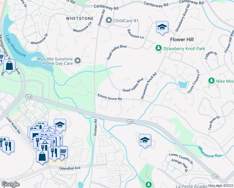 map of restaurants, bars, coffee shops, grocery stores, and more near 18509 Grackle Way in Gaithersburg
