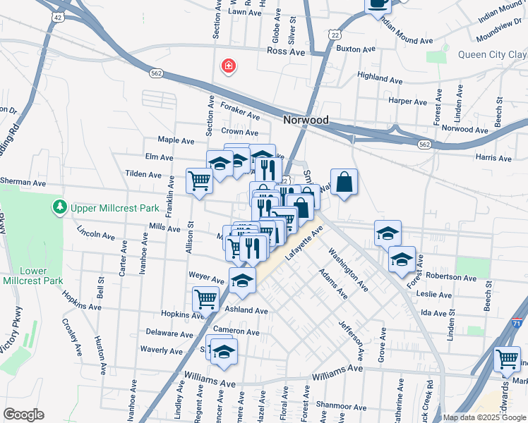 map of restaurants, bars, coffee shops, grocery stores, and more near 2087 Sherman Avenue in Norwood