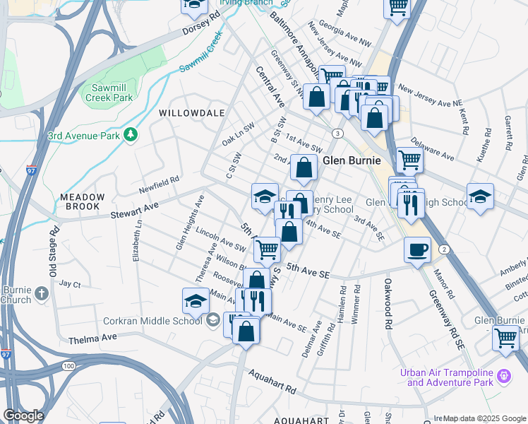 map of restaurants, bars, coffee shops, grocery stores, and more near 400 A Street Southwest in Glen Burnie