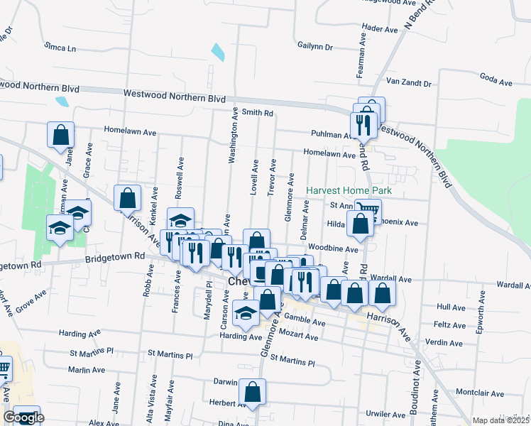 map of restaurants, bars, coffee shops, grocery stores, and more near 3929 Trevor Avenue in Cincinnati