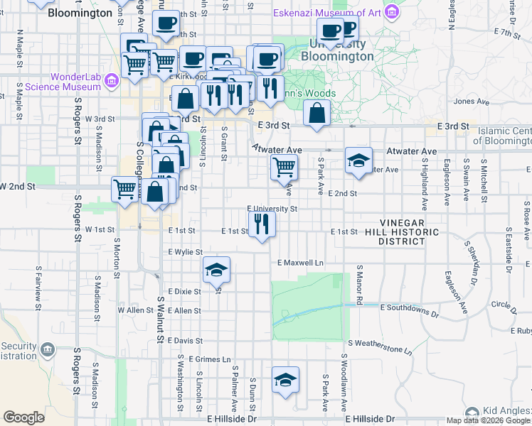 map of restaurants, bars, coffee shops, grocery stores, and more near 526 East University Street in Bloomington