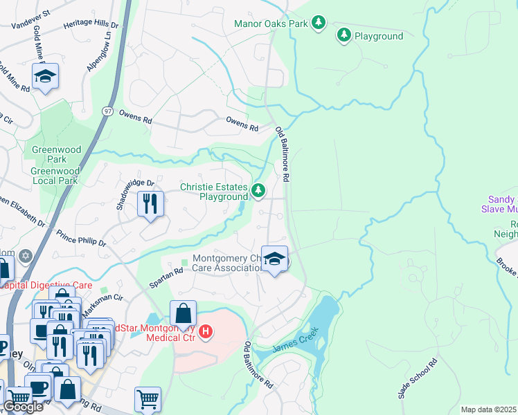 map of restaurants, bars, coffee shops, grocery stores, and more near 2705 Thistledown Terrace in Olney