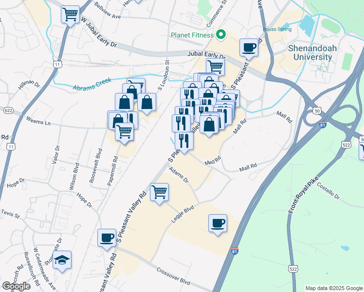 map of restaurants, bars, coffee shops, grocery stores, and more near 2194 South Pleasant Valley Road in Winchester