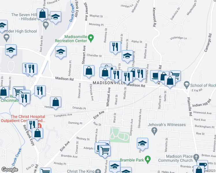 map of restaurants, bars, coffee shops, grocery stores, and more near 4919 Whetsel Avenue in Cincinnati