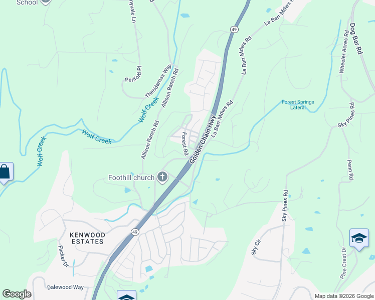 map of restaurants, bars, coffee shops, grocery stores, and more near 14277 Golden Star Road in Grass Valley