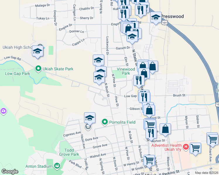 map of restaurants, bars, coffee shops, grocery stores, and more near 1051 North Bush Street in Ukiah