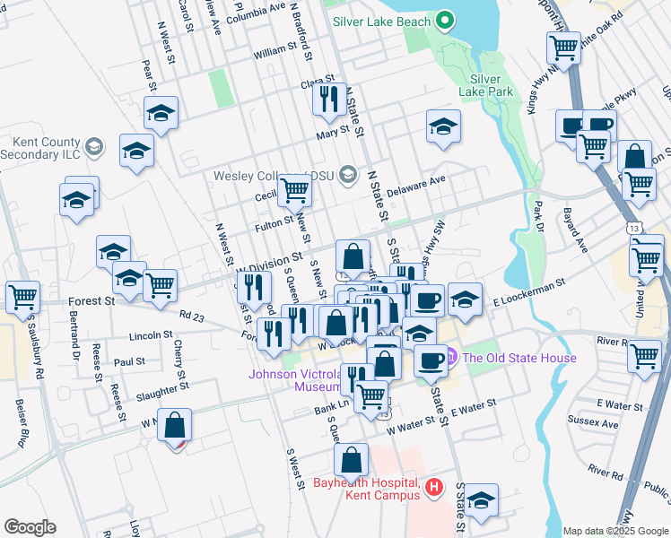 map of restaurants, bars, coffee shops, grocery stores, and more near 17 U.S. 13 Alternate in Dover