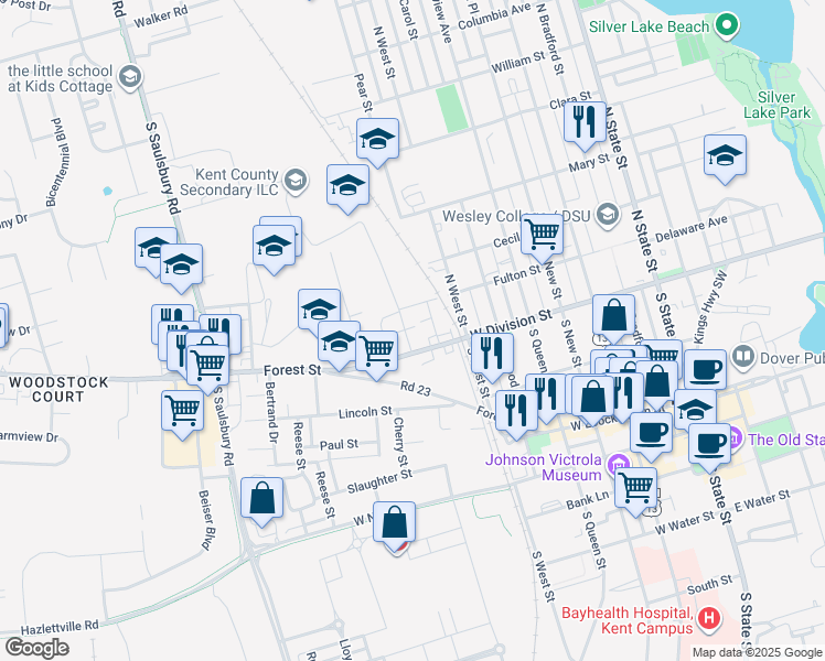 map of restaurants, bars, coffee shops, grocery stores, and more near 37 Ridgely Street in Dover
